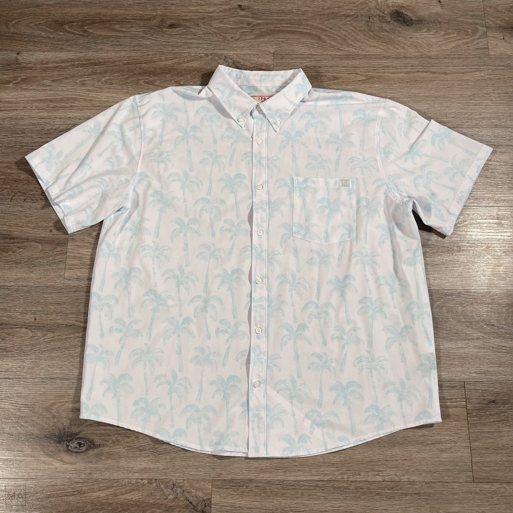 Huk Fishing Men's	Shirt Button Down Short Sleeve Coconut Tree 2XL White/Blue